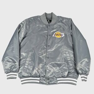 New Lakers G-III Carl Banks Adaptive Satin Varsity Jacket Gray Medium Magnetic